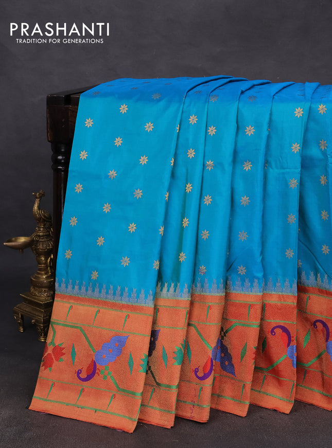 Pure paithani silk saree dual shade of teal blue and red with allover zari woven buttas and paithani weaving pallu