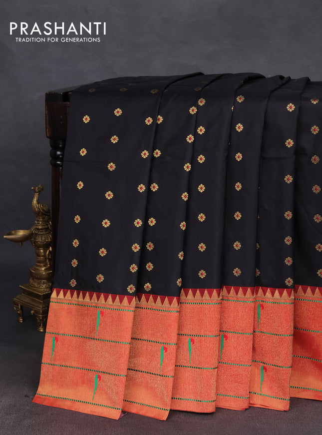 Pure paithani silk saree black and red with allover zari woven buttas and zari woven muniya butta border