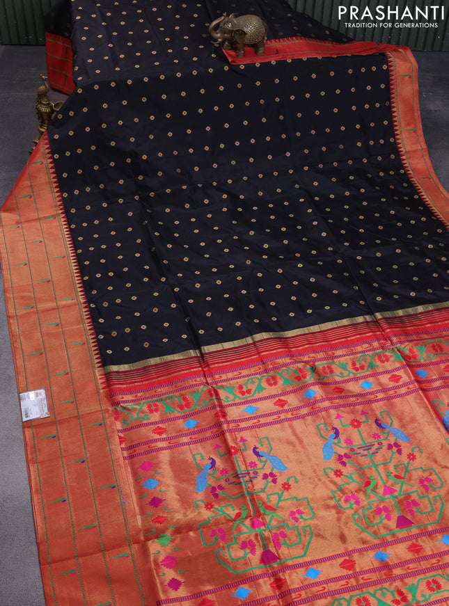 Pure paithani silk saree black and red with allover zari woven buttas and zari woven muniya butta border