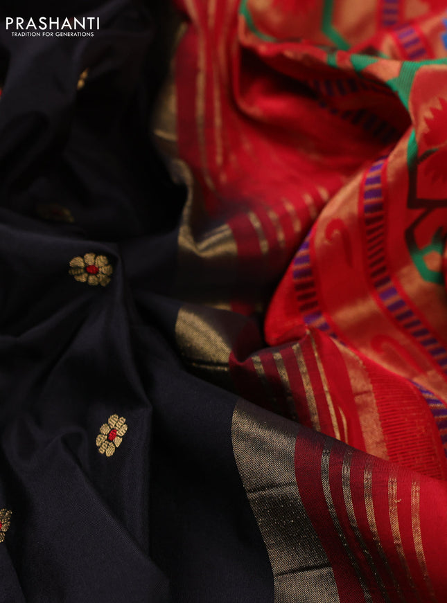 Pure paithani silk saree black and red with allover zari woven buttas and zari woven muniya butta border