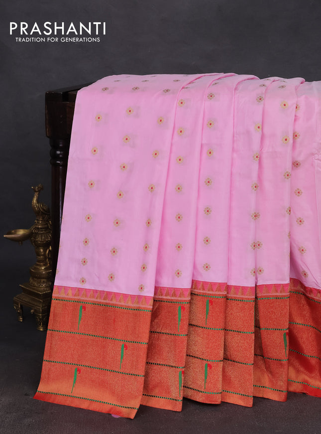 Pure paithani silk saree light pink and red with allover zari woven buttas and zari woven muniya butta border