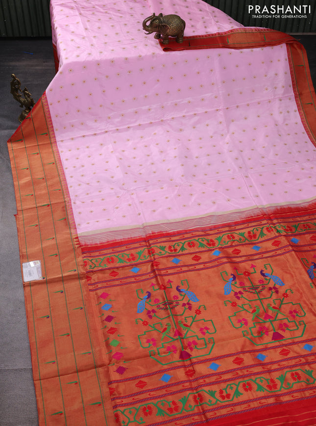 Pure paithani silk saree light pink and red with allover zari woven buttas and zari woven muniya butta border