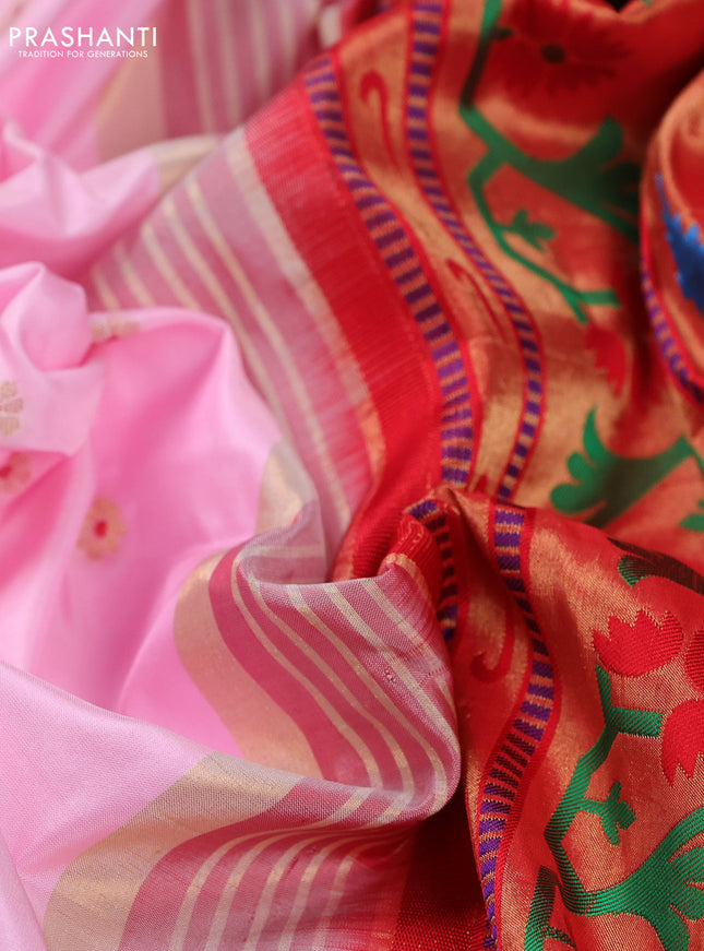 Pure paithani silk saree light pink and red with allover zari woven buttas and zari woven muniya butta border
