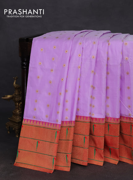 Pure paithani silk saree mild lavender and red with allover zari woven buttas and zari woven muniya butta border