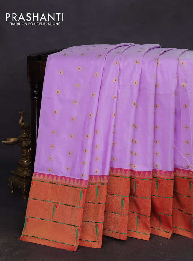 Pure paithani silk saree mild lavender and red with allover zari woven buttas and zari woven muniya butta border