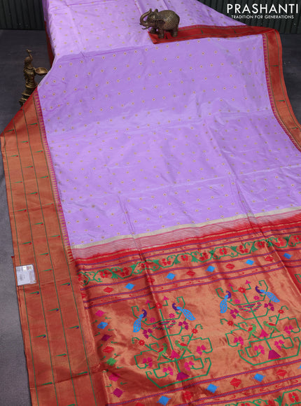 Pure paithani silk saree mild lavender and red with allover zari woven buttas and zari woven muniya butta border