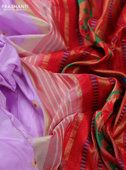 Pure paithani silk saree mild lavender and red with allover zari woven buttas and zari woven muniya butta border