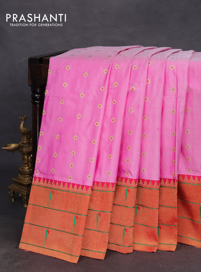 Pure paithani silk saree light pink and red with allover zari woven buttas and zari woven muniya butta border