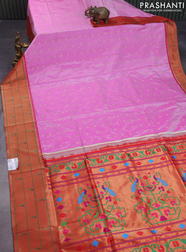 Pure paithani silk saree light pink and red with allover zari woven buttas and zari woven muniya butta border