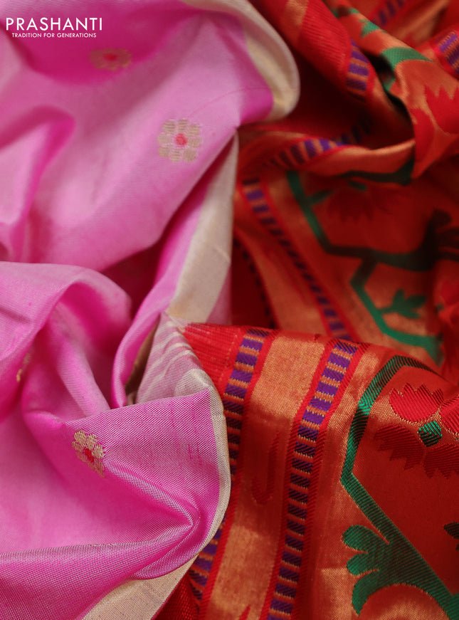 Pure paithani silk saree light pink and red with allover zari woven buttas and zari woven muniya butta border
