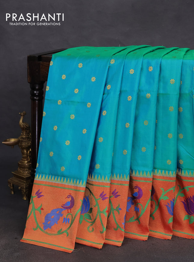 Pure paithani silk saree dual shade of teal bluish green and red with allover zari woven buttas and paithani weaving pallu