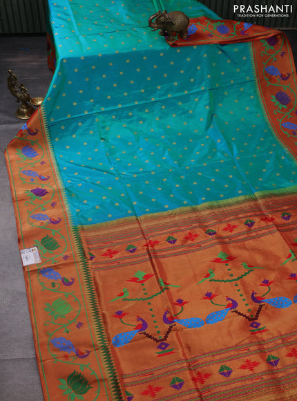 Pure paithani silk saree dual shade of teal bluish green and red with allover zari woven buttas and paithani weaving pallu