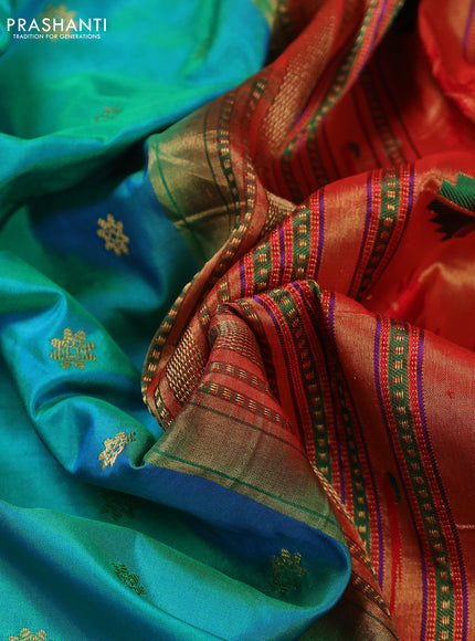 Pure paithani silk saree dual shade of teal bluish green and red with allover zari woven buttas and paithani weaving pallu