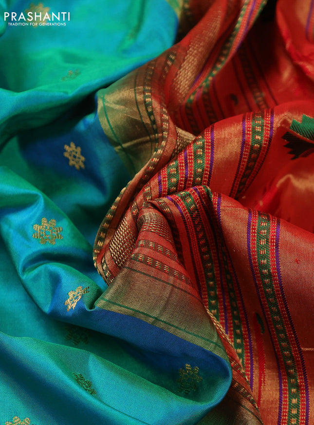 Pure paithani silk saree dual shade of teal bluish green and red with allover zari woven buttas and paithani weaving pallu