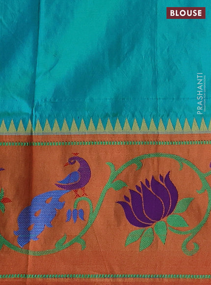 Pure paithani silk saree dual shade of teal bluish green and red with allover zari woven buttas and paithani weaving pallu
