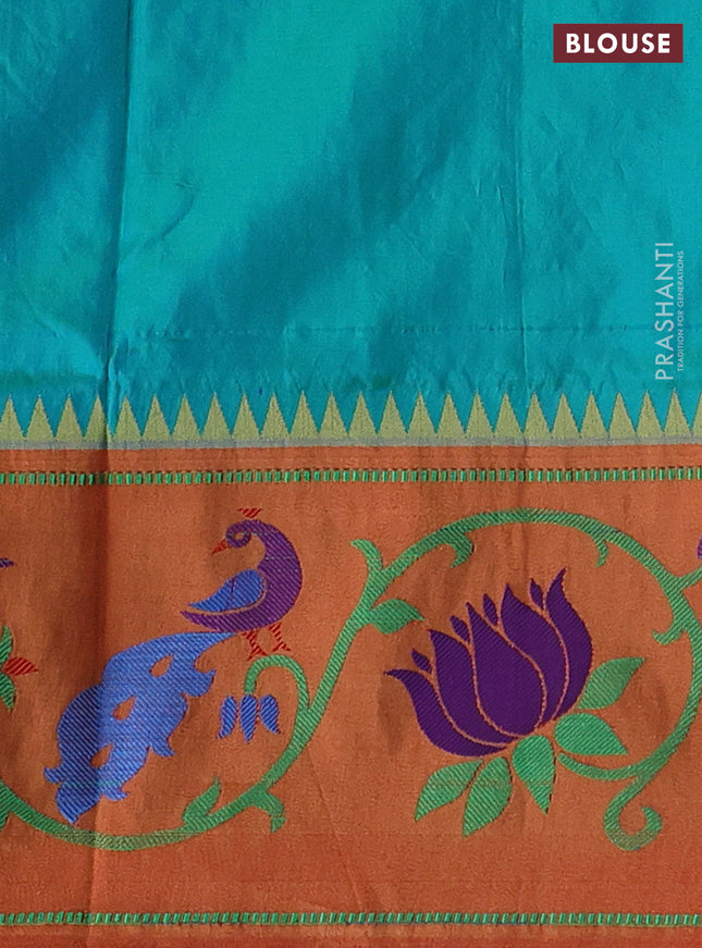 Pure paithani silk saree dual shade of teal bluish green and red with allover zari woven buttas and paithani weaving pallu
