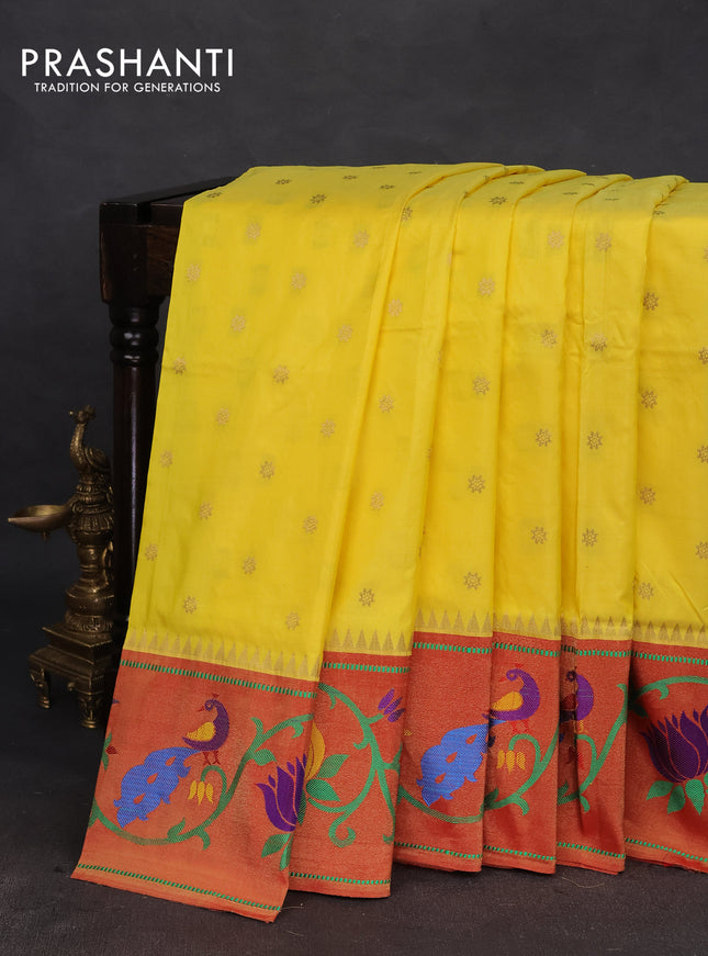 Pure paithani silk saree yellow and red with allover zari woven buttas and paithani weaving pallu