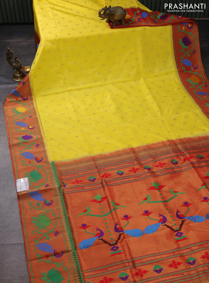 Pure paithani silk saree yellow and red with allover zari woven buttas and paithani weaving pallu