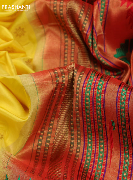 Pure paithani silk saree yellow and red with allover zari woven buttas and paithani weaving pallu