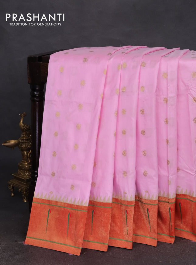 Pure paithani silk saree light pink and red with allover zari woven buttas and zari woven muniya butta border
