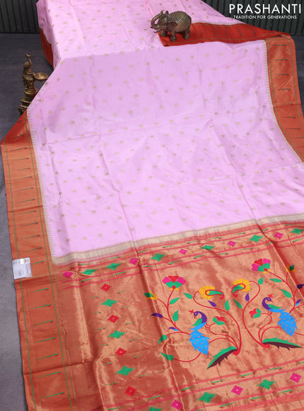 Pure paithani silk saree light pink and red with allover zari woven buttas and zari woven muniya butta border