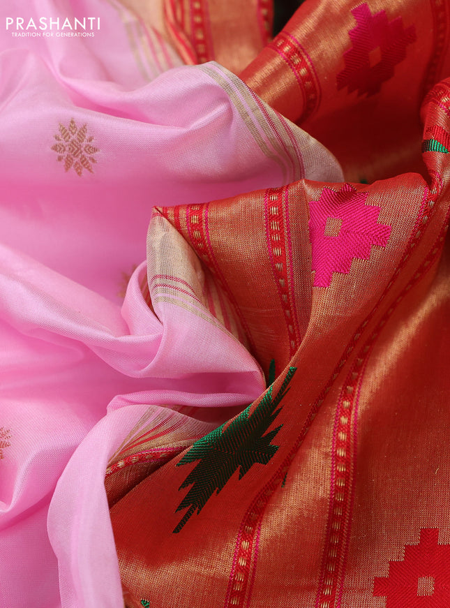 Pure paithani silk saree light pink and red with allover zari woven buttas and zari woven muniya butta border