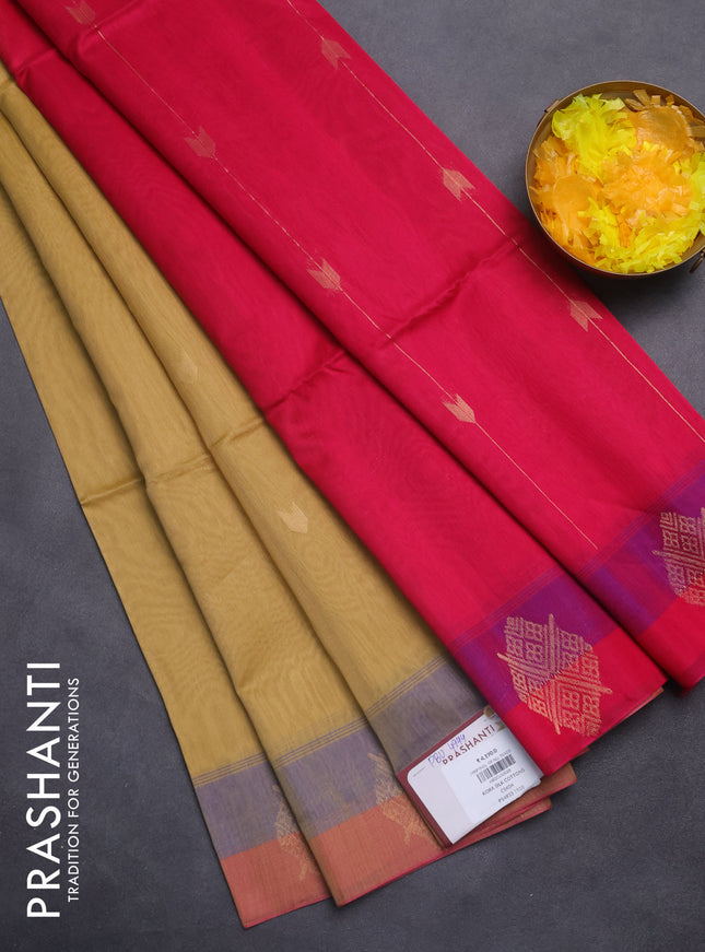 Kora silk cotton saree sandal and pink with zari woven buttas and simple border