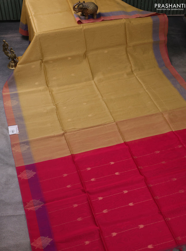 Kora silk cotton saree sandal and pink with zari woven buttas and simple border