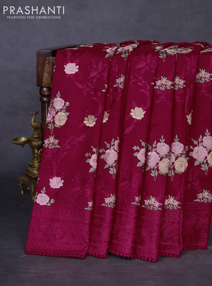 Dola silk saree dark pink with allover floral embroidery work and chikankari work border