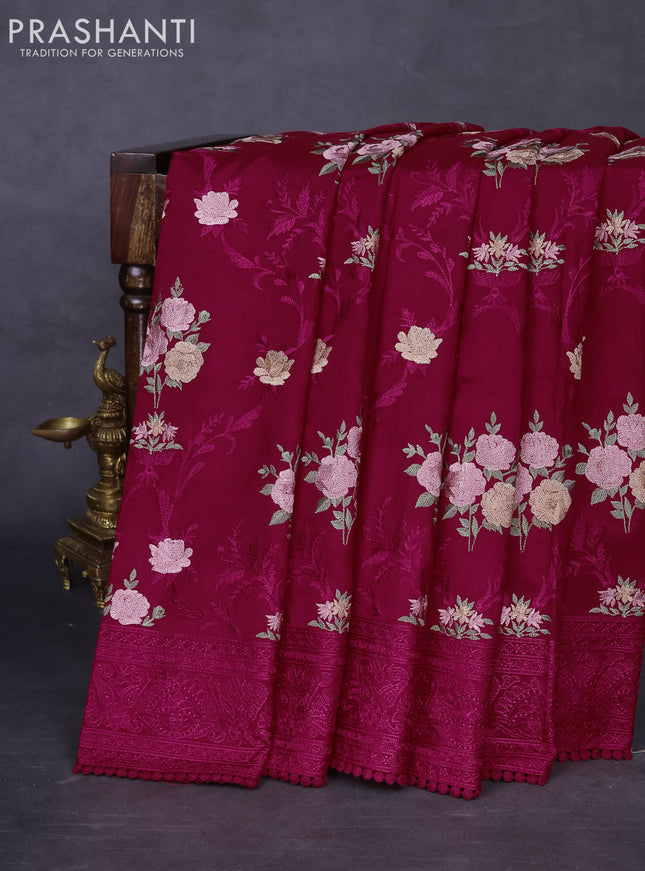 Dola silk saree dark pink with allover floral embroidery work and chikankari work border