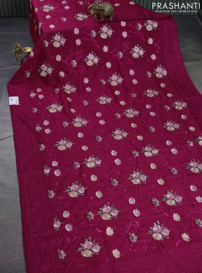 Dola silk saree dark pink with allover floral embroidery work and chikankari work border