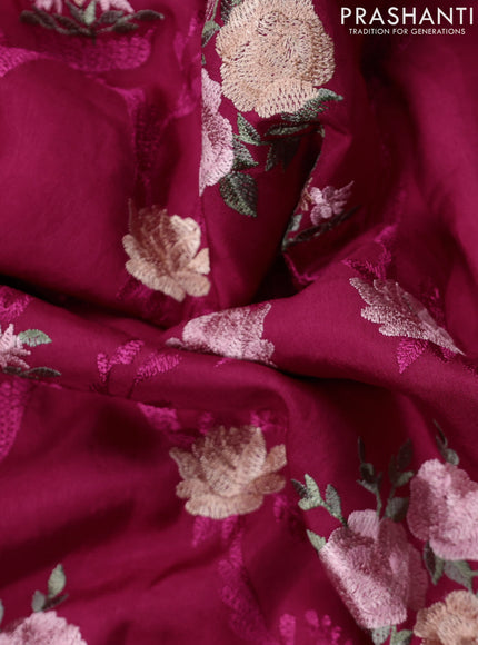 Dola silk saree dark pink with allover floral embroidery work and chikankari work border