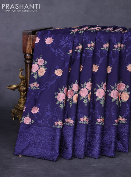 Dola silk saree dark blue with allover floral embroidery work and chikankari work border