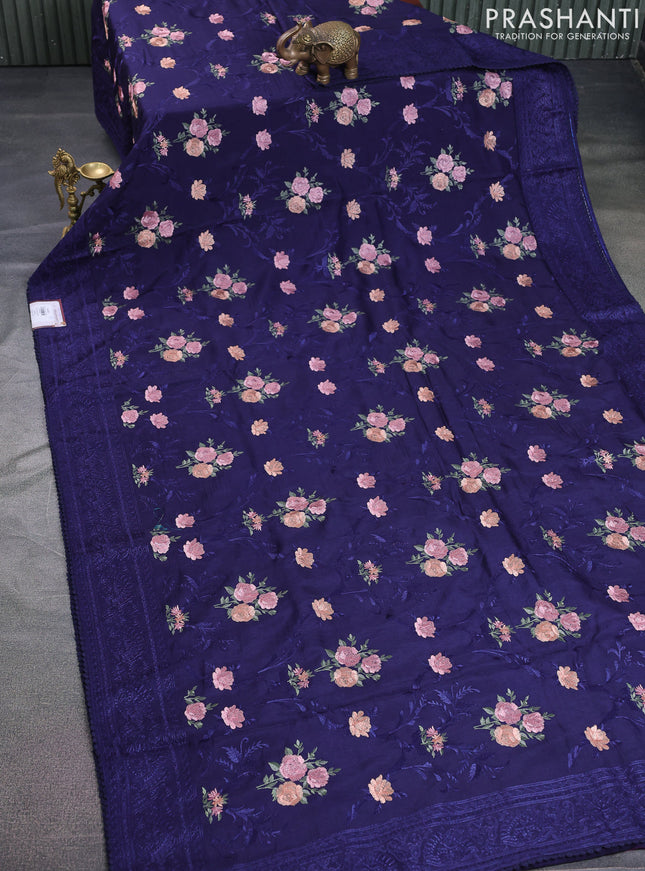 Dola silk saree dark blue with allover floral embroidery work and chikankari work border