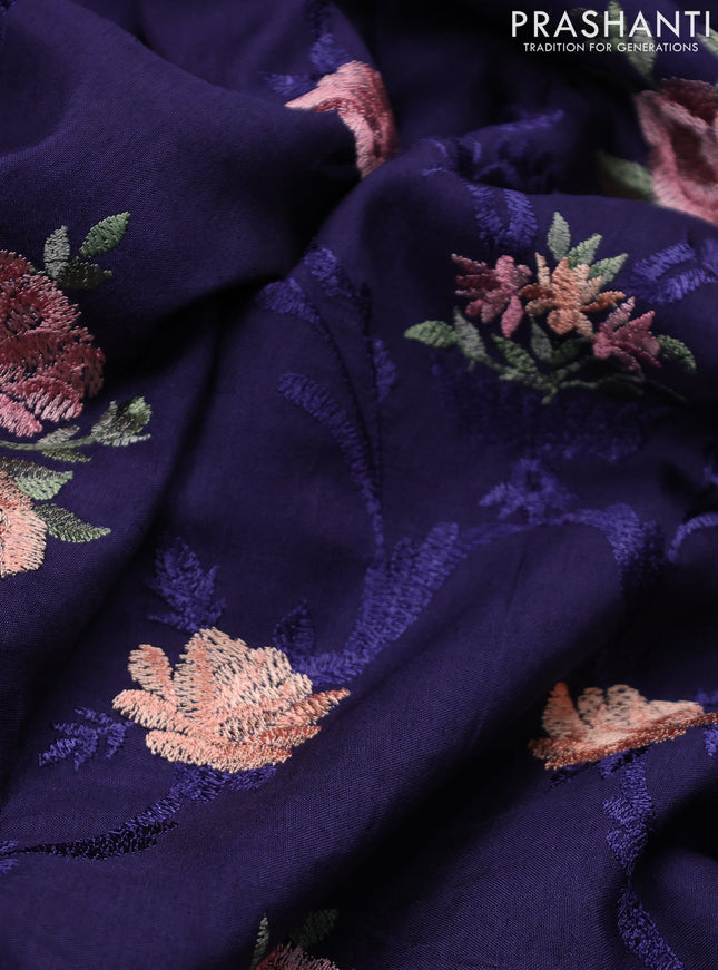 Dola silk saree dark blue with allover floral embroidery work and chikankari work border