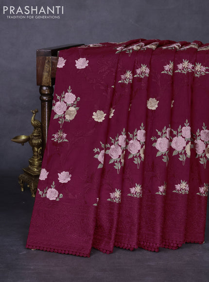 Dola silk saree red with allover floral embroidery work and chikankari work border