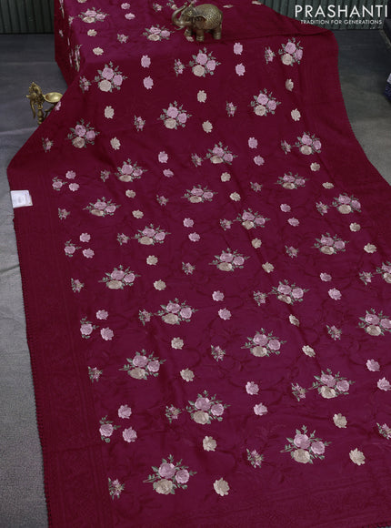 Dola silk saree red with allover floral embroidery work and chikankari work border