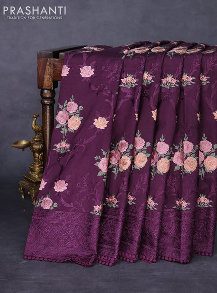 Dola silk saree wine shade with allover floral embroidery work and chikankari work border