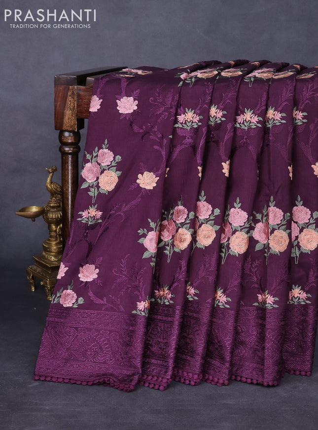 Dola silk saree wine shade with allover floral embroidery work and chikankari work border
