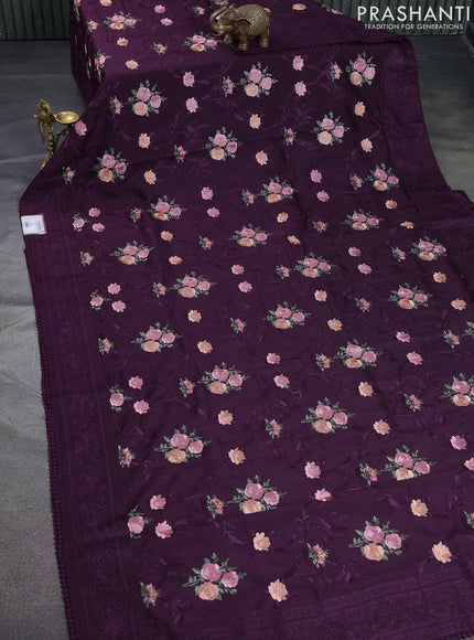 Dola silk saree wine shade with allover floral embroidery work and chikankari work border