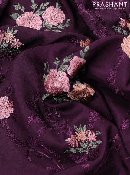 Dola silk saree wine shade with allover floral embroidery work and chikankari work border