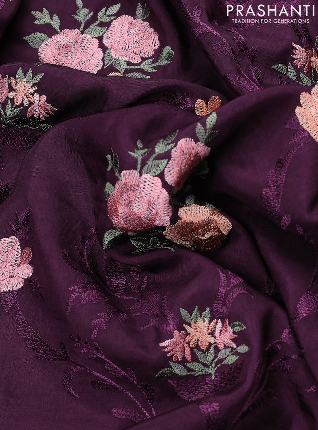 Dola silk saree wine shade with allover floral embroidery work and chikankari work border