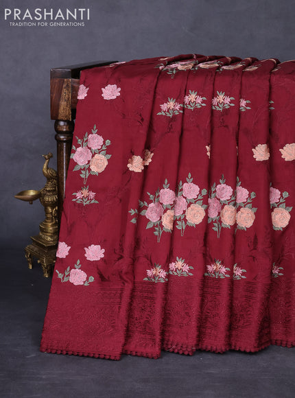 Dola silk saree maroon with allover floral embroidery work and chikankari work border