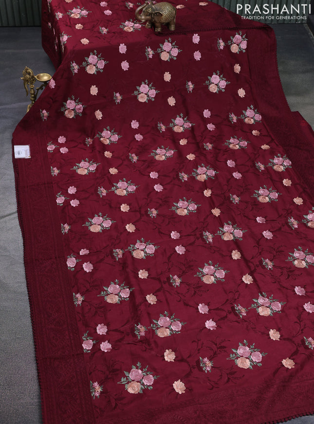 Dola silk saree maroon with allover floral embroidery work and chikankari work border