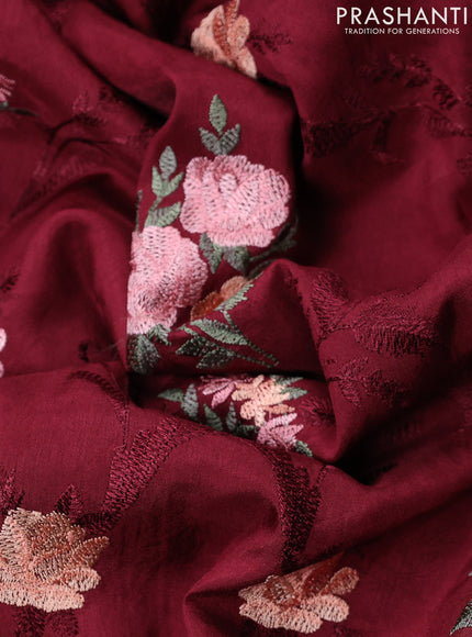 Dola silk saree maroon with allover floral embroidery work and chikankari work border