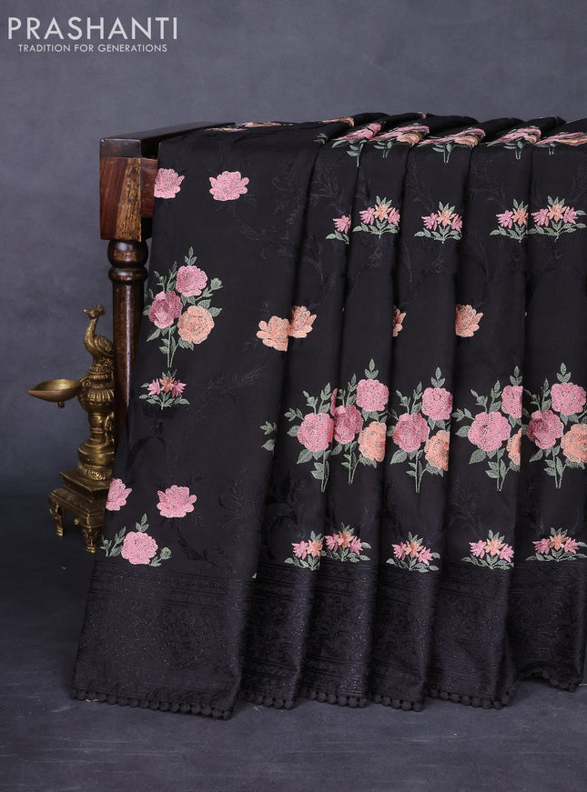 Dola silk saree black with allover floral embroidery work and chikankari work border