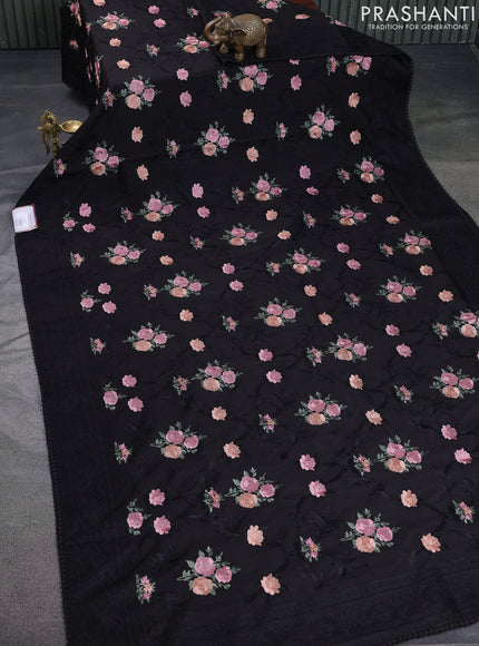 Dola silk saree black with allover floral embroidery work and chikankari work border