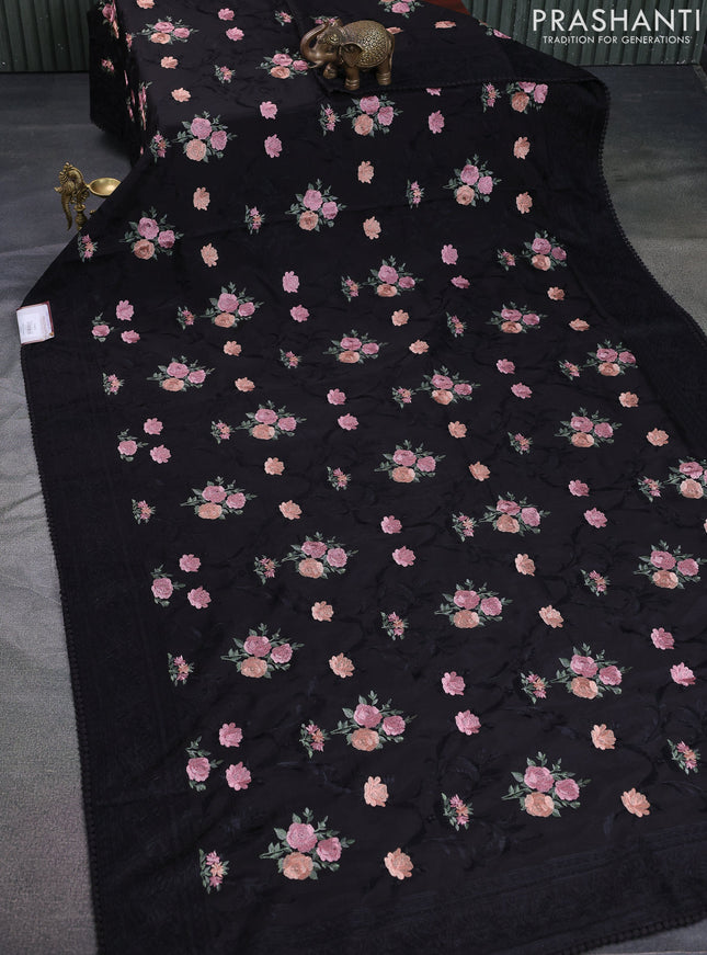 Dola silk saree black with allover floral embroidery work and chikankari work border