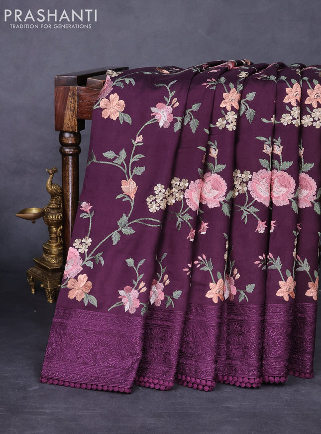 Dola silk saree wine shade with allover floral embroidery work and chikankari work border