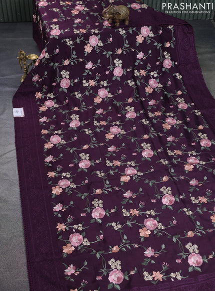 Dola silk saree wine shade with allover floral embroidery work and chikankari work border